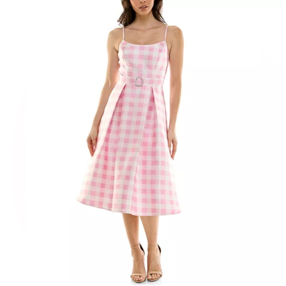 pear culture Juniors' Gingham Retro 50s Style Fit & Flare Pink Midi Dress